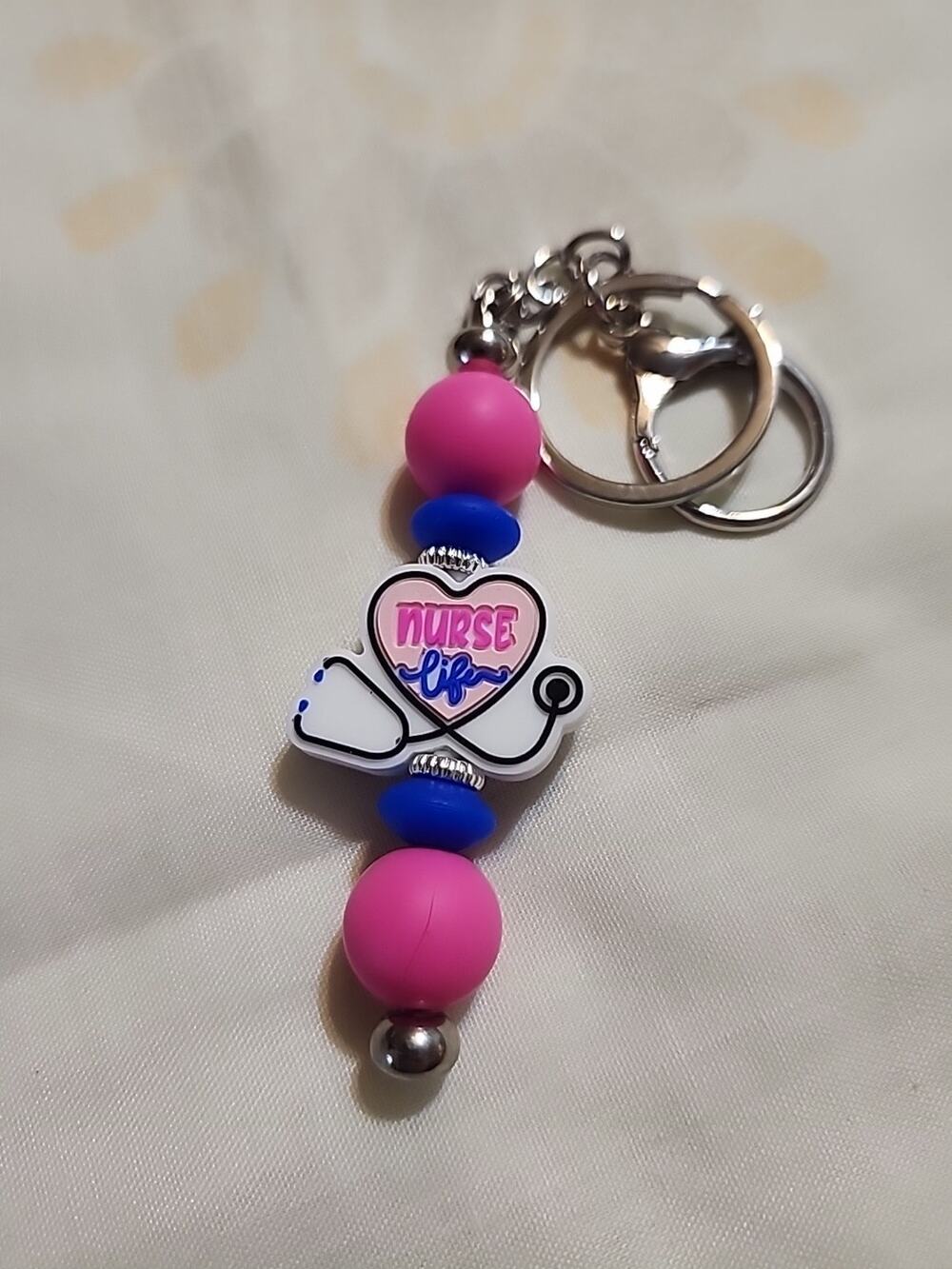 Silicone Bead Keychain 'Nurse Life' Pink & Blue Stethoscope Handmade